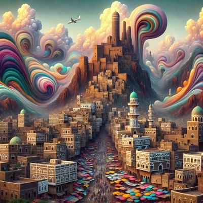 The primary subject of the image is a cityscape with a large castle-like structure in the background. The setting is a colorful, vibrant city with a mix of buildings and a river running through it. The visual style is a combination of digital art and illustration, creating a lively and dynamic atmosphere. The colors and mood are predominantly warm and inviting, with a focus on the vibrant colors of the buildings and the river.